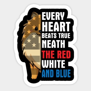 Pomeranian Every Heart Beats True Neath The Red White And Blue Happy Independence July 4th Day Dogs Sticker